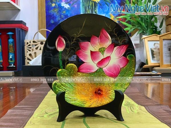 Tranh đĩa sơn mài hoa sen D20 (nền đen)