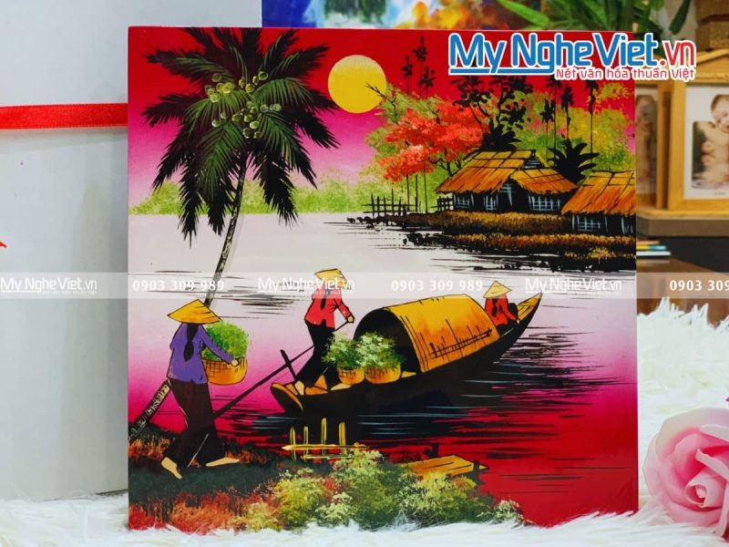 Tranh sơn mài vẽ cảnh đồng quê đủ mẫu 20x20 TSM223-3 - Ảnh 2