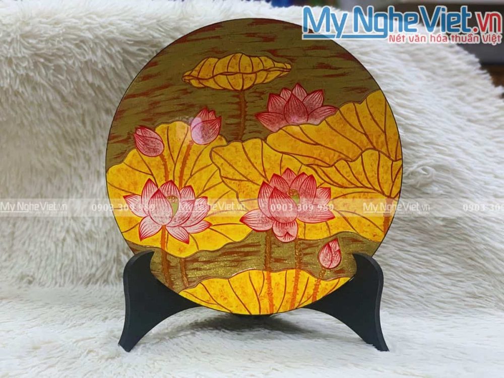 Tranh đĩa hoa sen hàng đặt cao cấp đắp nổi D30cm TDSMCCD30/4
