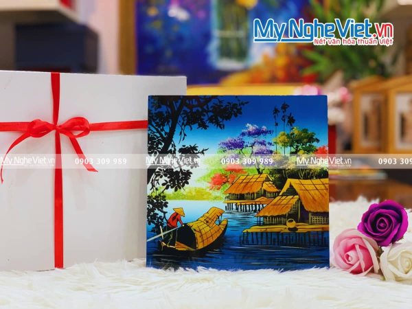Tranh sơn mài vẽ cảnh đồng quê đủ mẫu 20x20 TSM223-3