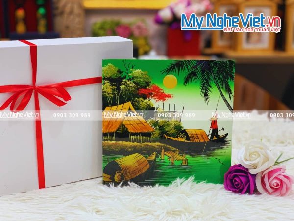 Tranh sơn mài vẽ cảnh đồng quê đủ mẫu 20x20 TSM223-3