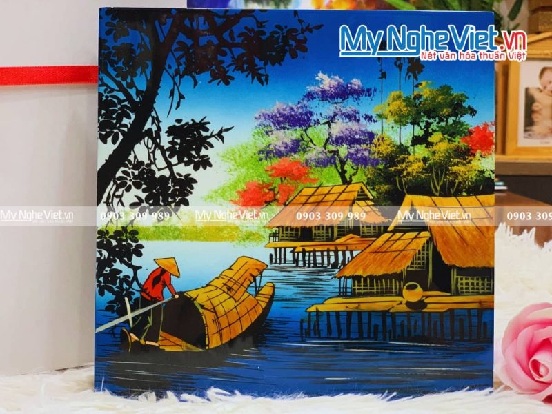 Tranh sơn mài vẽ cảnh đồng quê đủ mẫu 20x20 TSM223-3 - Ảnh 2