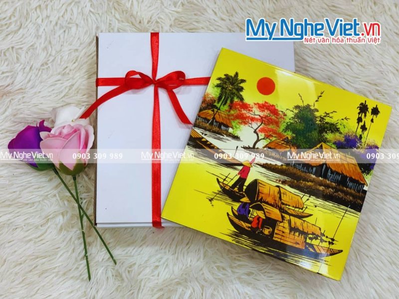 Tranh sơn mài vẽ cảnh đồng quê đủ mẫu 20x20 TSM223-3 - Ảnh 2