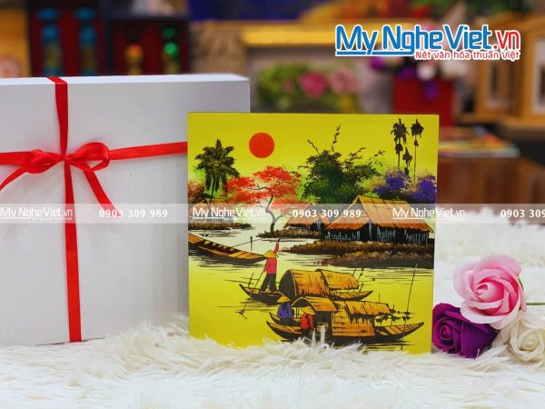 Tranh sơn mài vẽ cảnh đồng quê đủ mẫu 20x20 TSM223-3