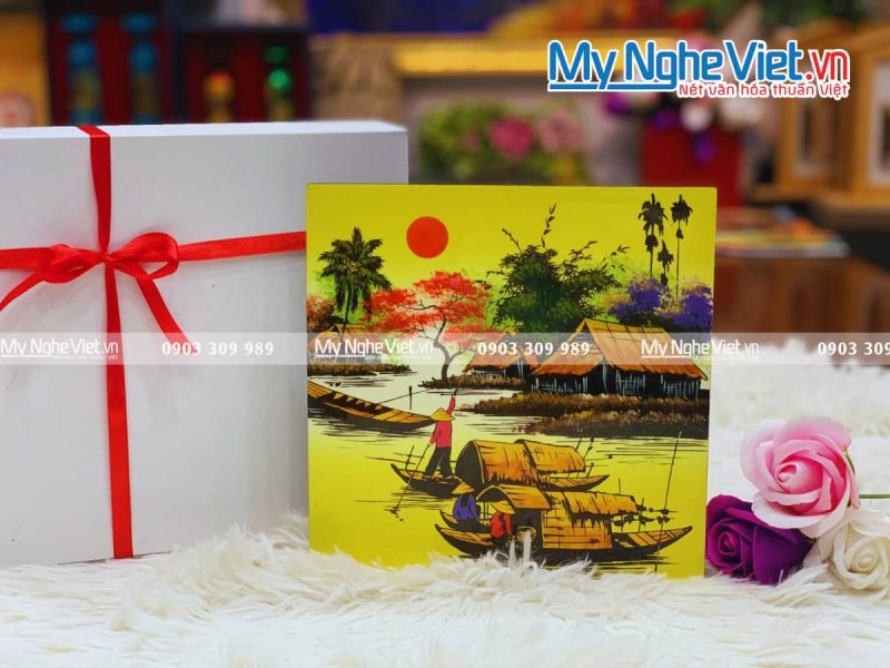 Tranh sơn mài vẽ cảnh đồng quê đủ mẫu 20x20 TSM223-3