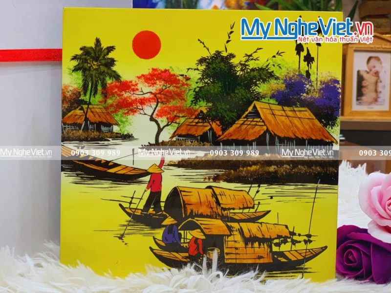 Tranh sơn mài vẽ cảnh đồng quê đủ mẫu 20x20 TSM223-3 - Ảnh 3