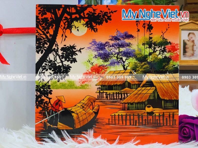 Tranh sơn mài vẽ cảnh đồng quê đủ mẫu 20x20 TSM223-3 - Ảnh 3
