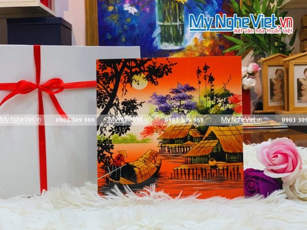 Tranh sơn mài vẽ cảnh đồng quê đủ mẫu 20x20 TSM223-3