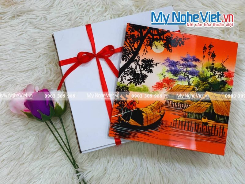 Tranh sơn mài vẽ cảnh đồng quê đủ mẫu 20x20 TSM223-3 - Ảnh 2