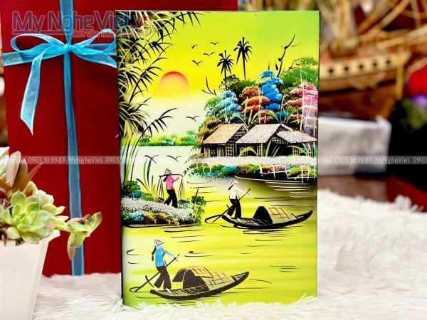 Tranh đồng quê cô gái lái đò chiều vàng - Tranh sơn mài TSM235-1