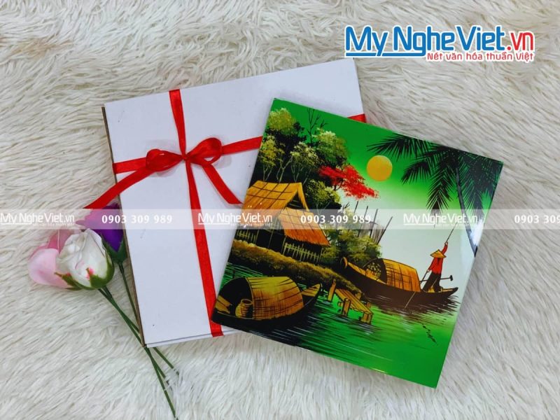 Tranh sơn mài vẽ cảnh đồng quê đủ mẫu 20x20 TSM223-3 - Ảnh 2