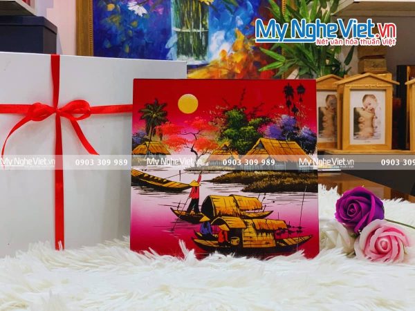 Tranh sơn mài vẽ cảnh đồng quê đủ mẫu 20x20 TSM223-3