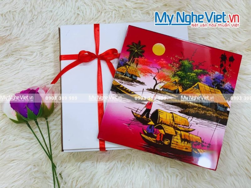 Tranh sơn mài vẽ cảnh đồng quê đủ mẫu 20x20 TSM223-3 - Ảnh 2