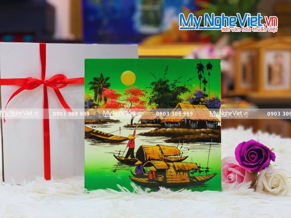 Tranh sơn mài vẽ cảnh đồng quê đủ mẫu 20x20 TSM223-3