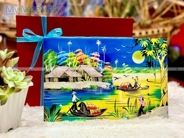 Tranh đồng quê cô gái lái đò nền xanh - Tranh sơn mài TSM235-1