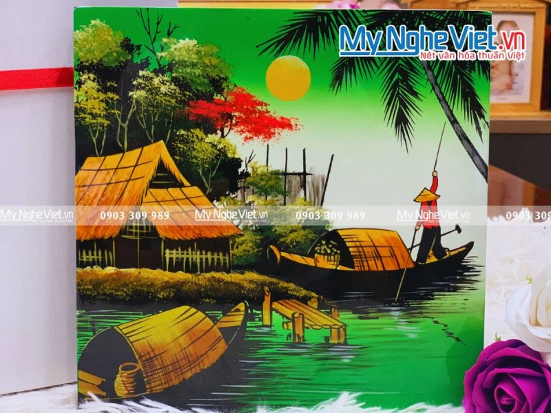 Tranh sơn mài vẽ cảnh đồng quê đủ mẫu 20x20 TSM223-3 - Ảnh 3
