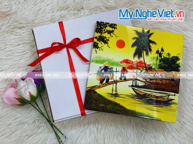 Tranh sơn mài vẽ cảnh đồng quê đủ mẫu 20x20 TSM223-3 - Ảnh 2