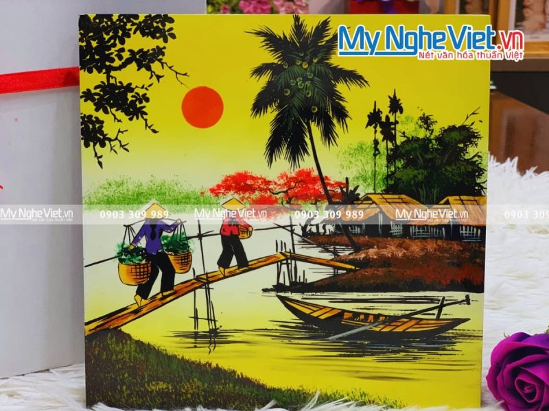 Tranh sơn mài vẽ cảnh đồng quê đủ mẫu 20x20 TSM223-3 - Ảnh 3