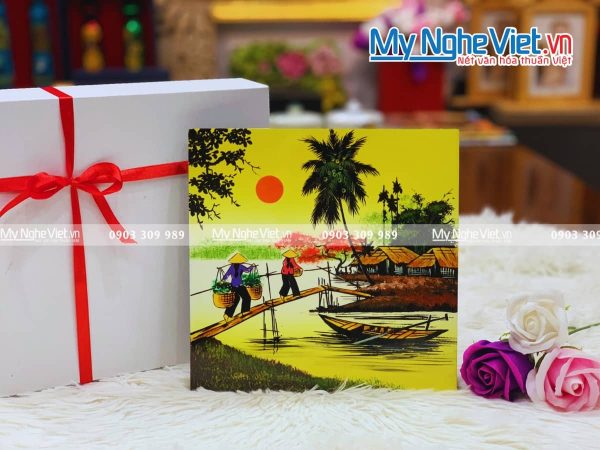 Tranh sơn mài vẽ cảnh đồng quê đủ mẫu 20x20 TSM223-3