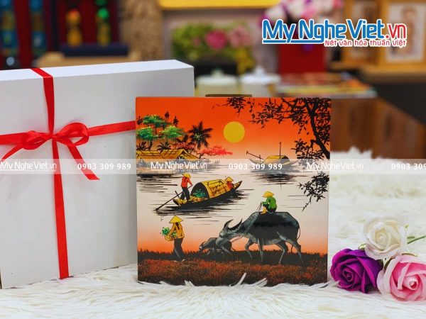 Tranh sơn mài vẽ cảnh đồng quê đủ mẫu 20x20 TSM223-3