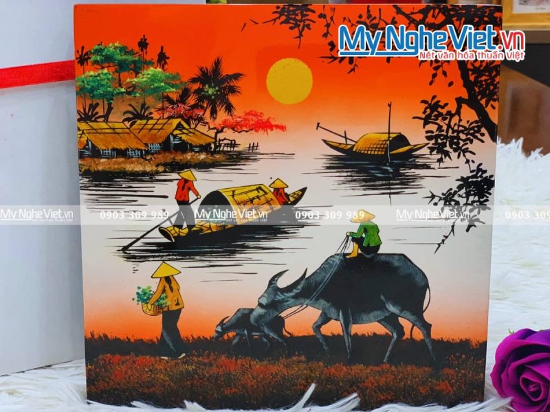 Tranh sơn mài vẽ cảnh đồng quê đủ mẫu 20x20 TSM223-3 - Ảnh 2