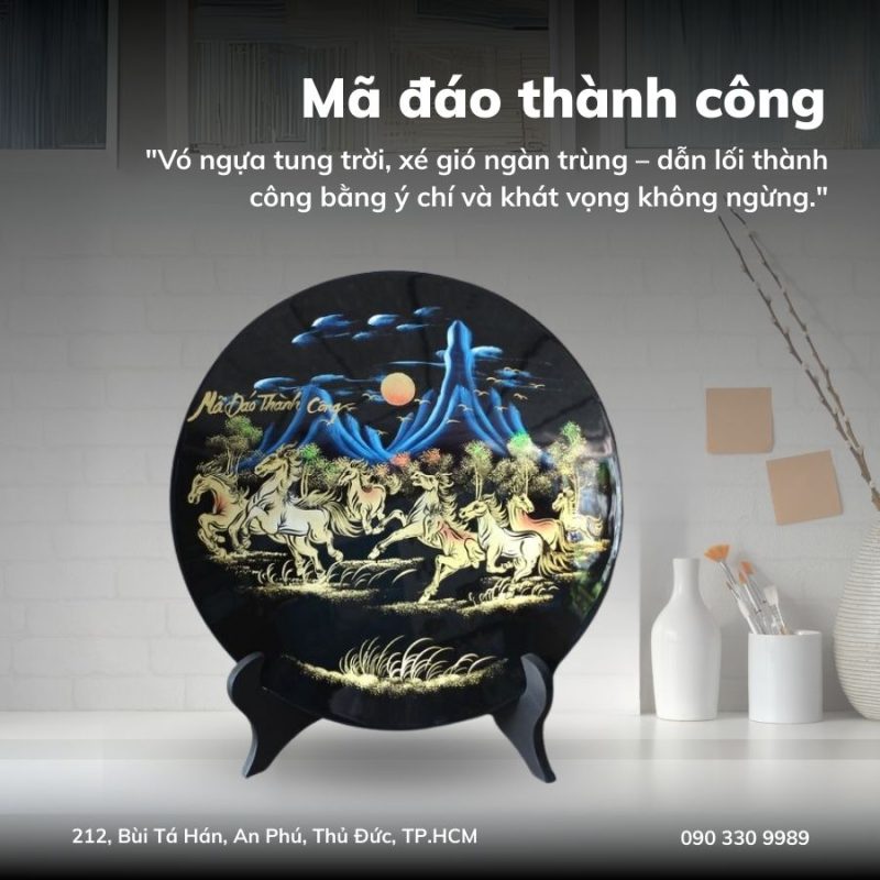 Tranh đĩa sơn mài mã đáo thành công đắp nổi