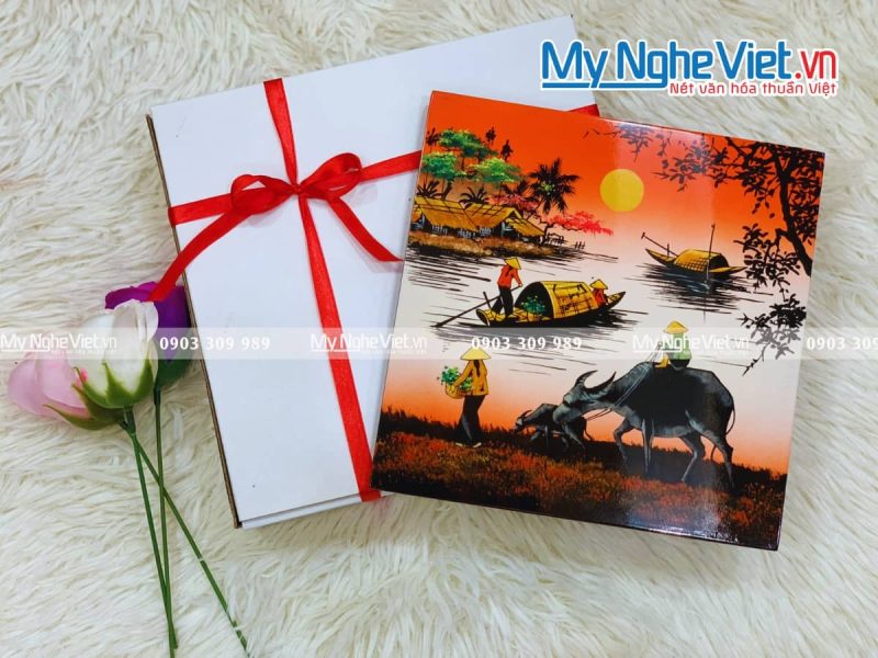 Tranh sơn mài vẽ cảnh đồng quê đủ mẫu 20x20 TSM223-3 - Ảnh 3
