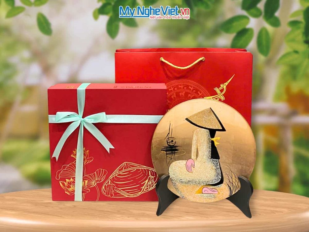 Tranh đĩa sơn mài cô gái quỳ nhiều mẫu vàng D25cm TD25-Q + Hộp Cao Cấp
