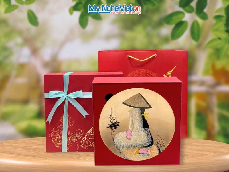 Tranh đĩa sơn mài cô gái quỳ nhiều mẫu vàng D25cm TD25-Q + Hộp Cao Cấp - Ảnh 2