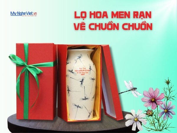 Lọ hoa gốm men rạn vẽ chuồn In Logo