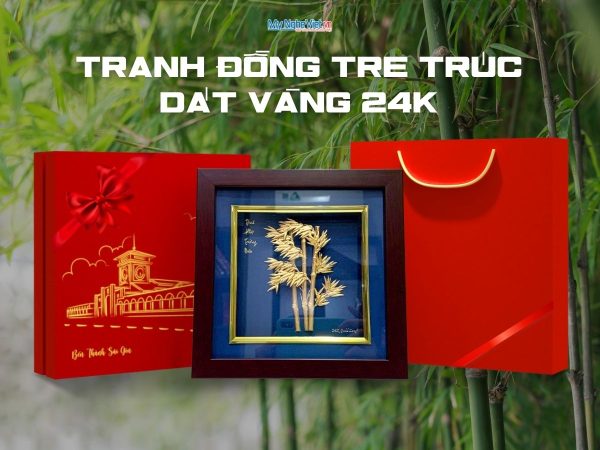 Tranh Đồng Tre trúc dát vàng nền xanh để bàn 24k 20x20 và Hộp xilot đỏ - MNVHD04.9