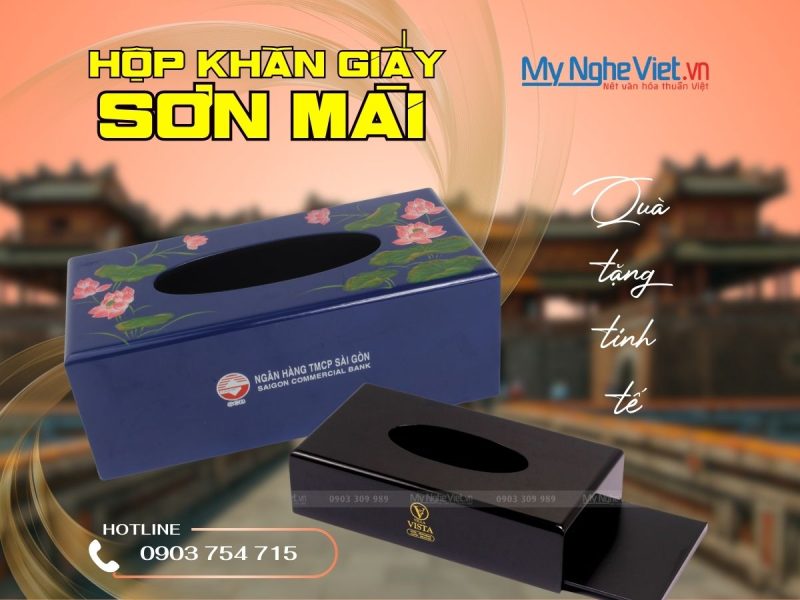 Hộp khăn giấy sơn mài in logo