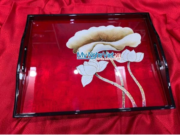 Khay sơn mài cao cấp hoa sen nền đỏ -Lacquer Trays 35x45xH5 SMTN3555