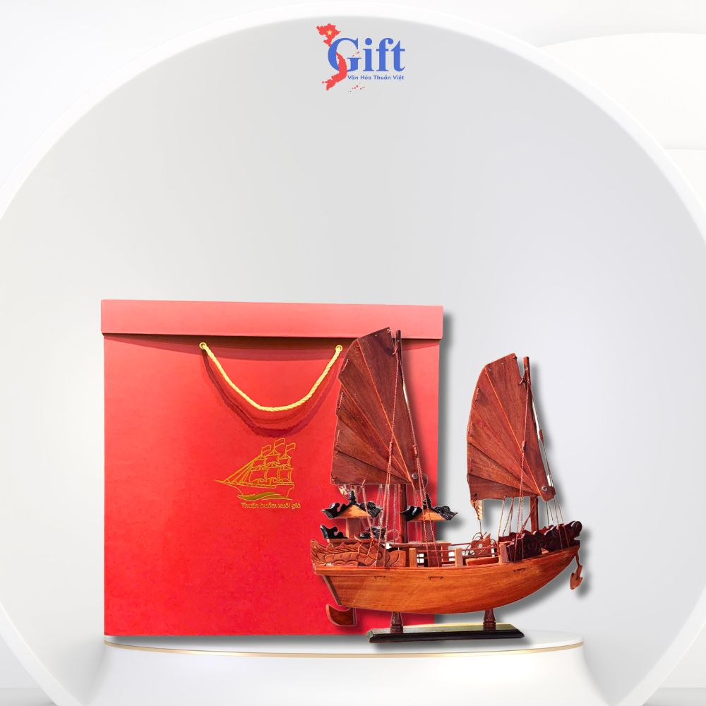 Ha Long Wooden Boat Model with Red Paper Gift Box