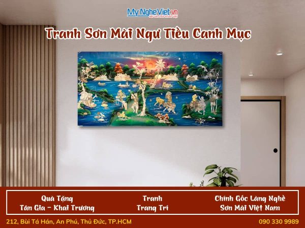 Tranh sơn mài ngư tiều canh mục nền xanh 60x120 - TSM60120-NTCM