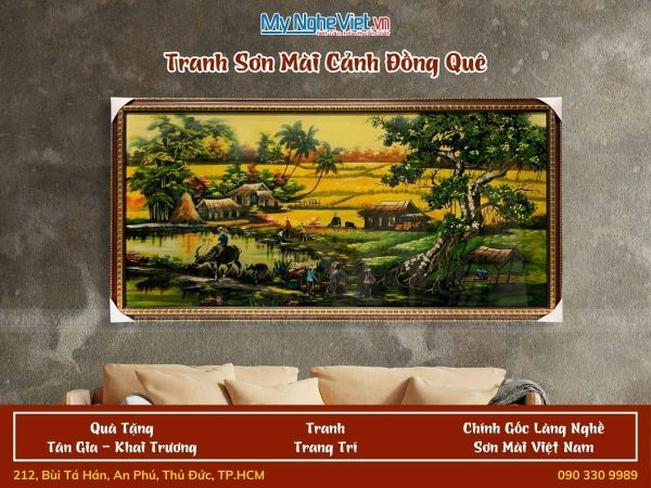 Tranh sơn mài cảnh đồng quê cánh đồng nền tối 60x120 có khung TSM60120K-ĐQCĐ