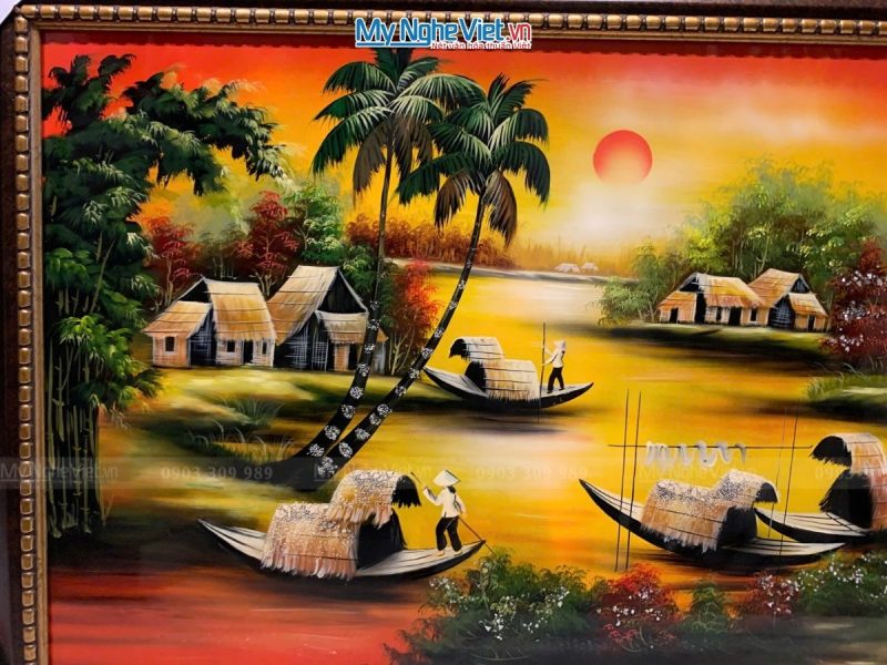 Tranh sơn mài cảnh đồng quê sông nước nền tối 60x120 có khung -TSM60120K-ĐQSN - Ảnh 2