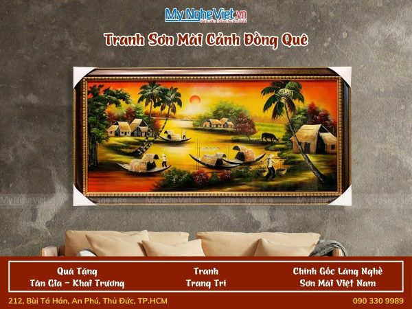 Tranh sơn mài cảnh đồng quê sông nước nền tối 60x120 có khung -TSM60120K-ĐQSN