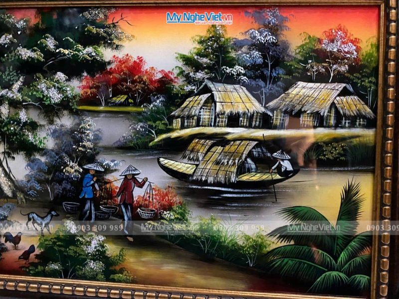 Tranh sơn mài đồng quê vẽ đủ mẫu 40x60cm có khung 50x70cm TSMTBL46K-1 - Ảnh 2