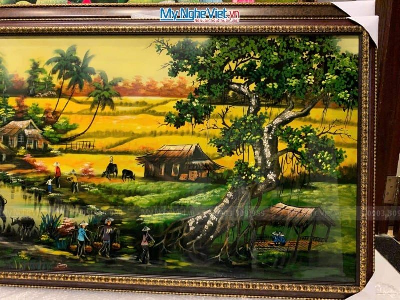 Tranh sơn mài cảnh đồng quê cánh đồng nền tối 60x120 có khung TSM60120K-ĐQCĐ - Ảnh 2