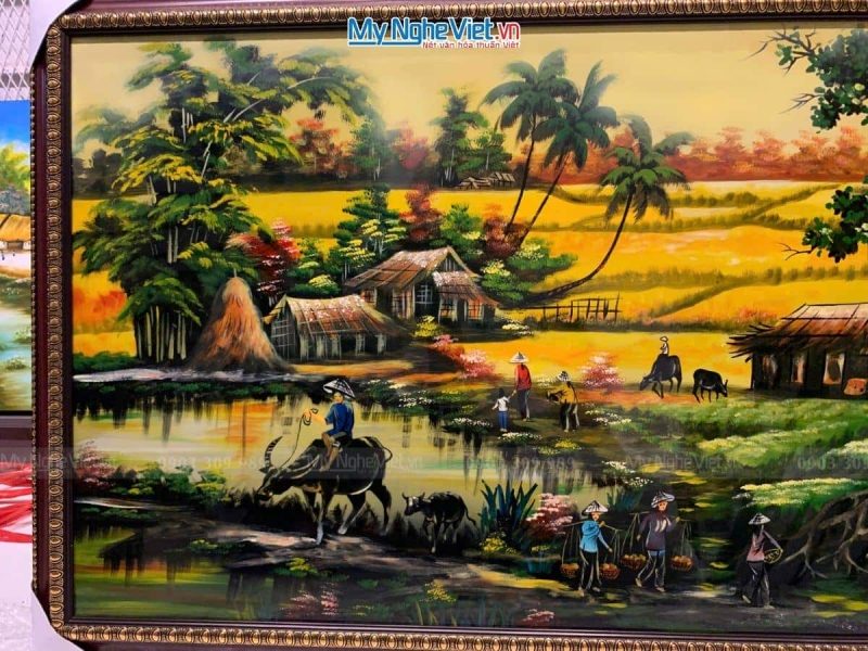 Tranh sơn mài cảnh đồng quê cánh đồng nền tối 60x120 có khung TSM60120K-ĐQCĐ - Ảnh 3