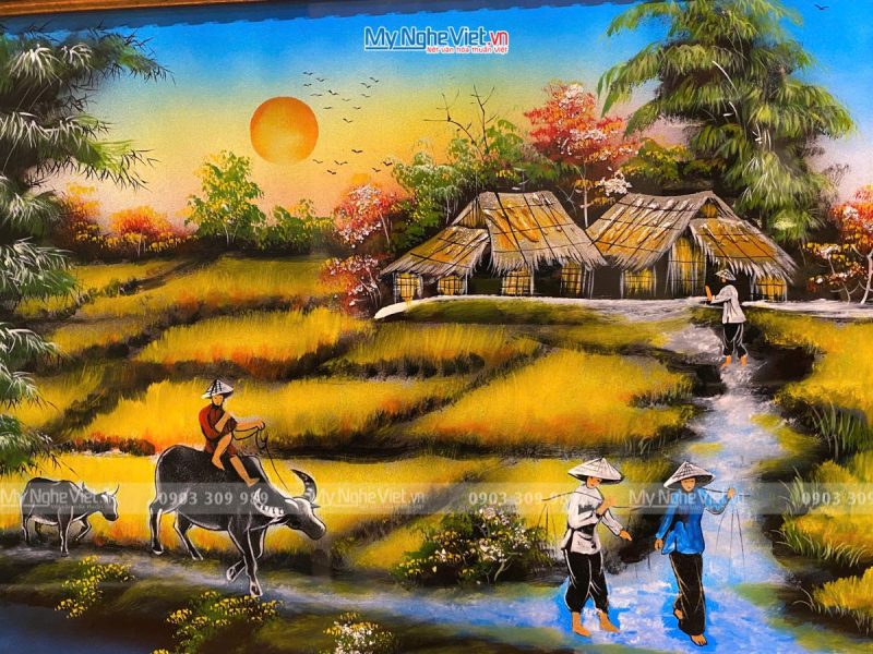 Tranh sơn mài đồng quê vẽ đủ mẫu 40x60cm có khung 50x70cm TSMTBL46K-4 - Ảnh 2