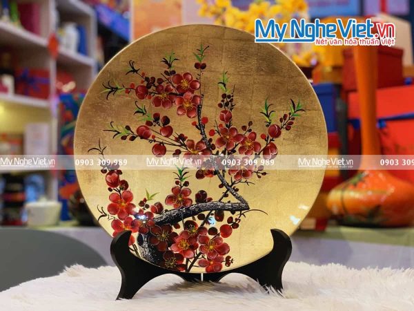Tranh Đĩa Hoa Đào Dán Vàng D35 MNV-TD351