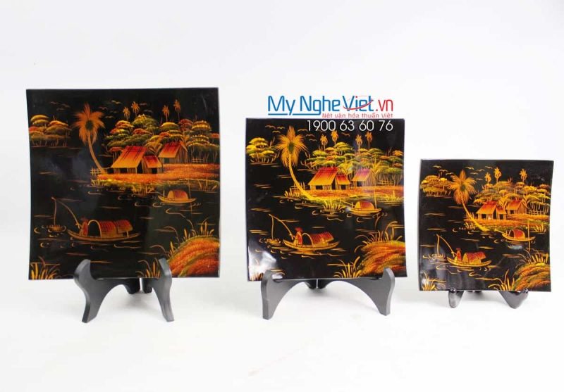Bộ ba tranh đĩa sơn mài đồng quê TSM544