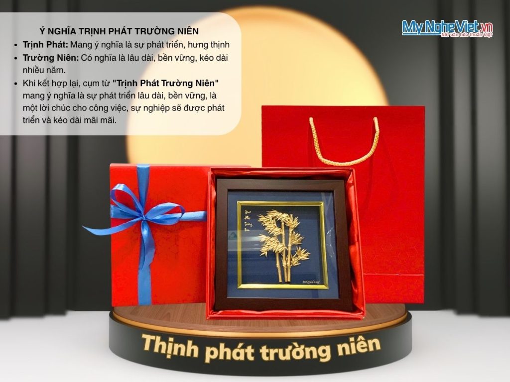 Tranh Đồng Tre trúc dát vàng nền xanh để bàn