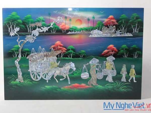 Tranh sơn mài đồng quê cẩn ốc (màu xanh) MNV-TSM4631