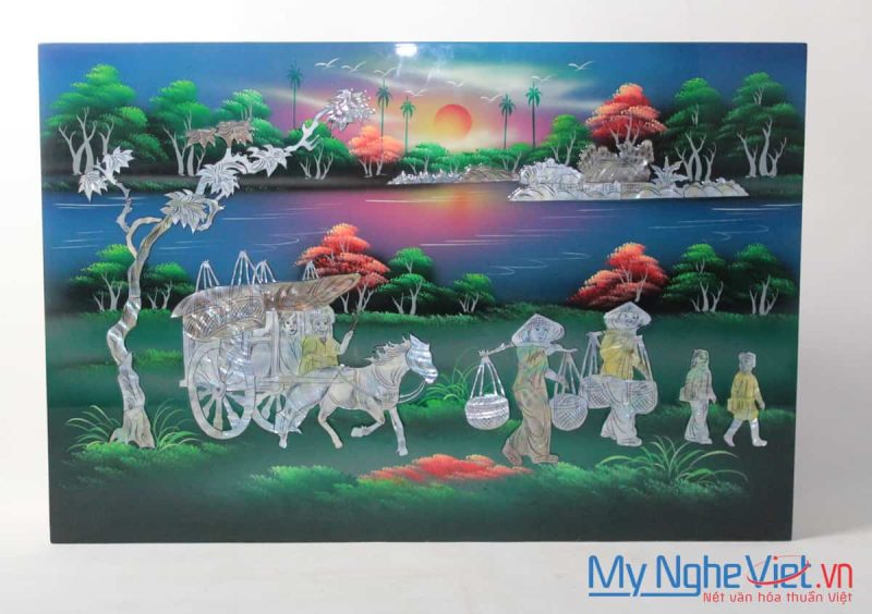 Tranh sơn mài đồng quê cẩn ốc (màu xanh) MNV-TSM4631
