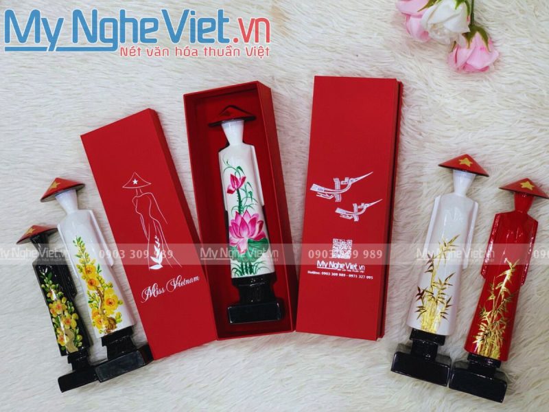 Tượng Cô Gái Áo Dài Việt Nam Sơn Mài Hoa Sen Cao 25cm Cao cấp - Ảnh 3