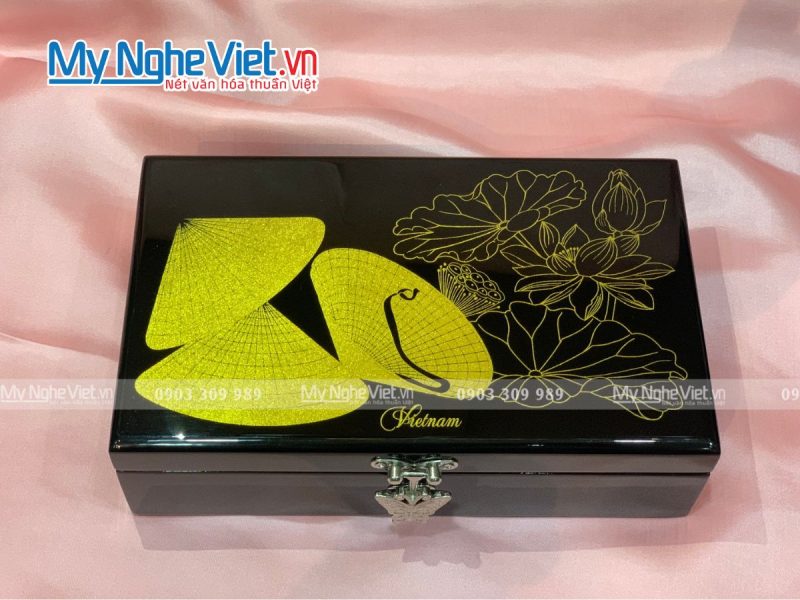 Hộp Đựng Trang Sức Sơn Mài Nón Lá Nền Đen - Ảnh 3