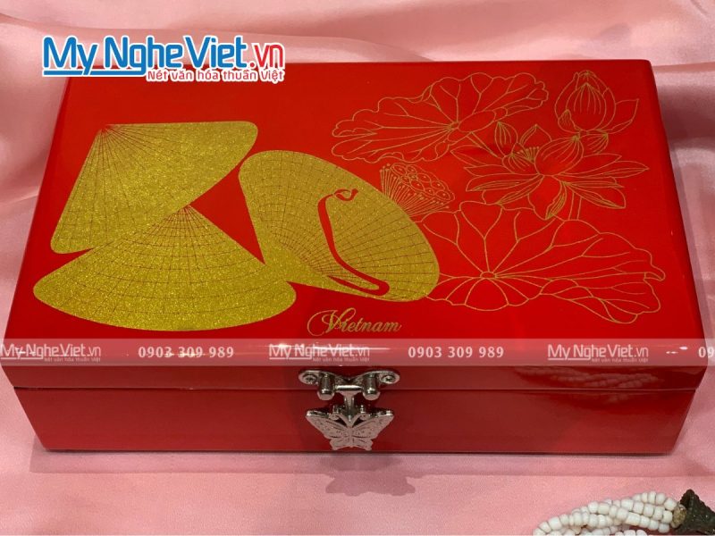 Hộp Đựng Trang Sức Sơn Mài Nón Lá Nền Đỏ - Ảnh 2